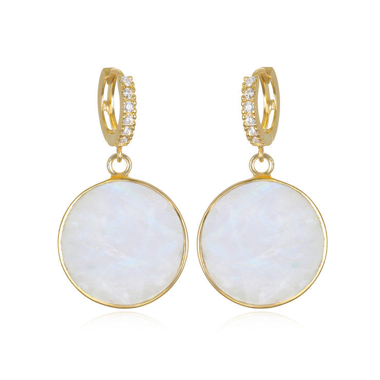 Coin Huggie Earrings - Rainbow Moonstone